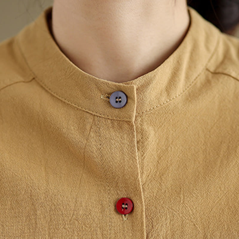 Buddha Stones Commute Pure Color Long Sleeve Women's Cotton Linen Shirt With Pocket - image 6