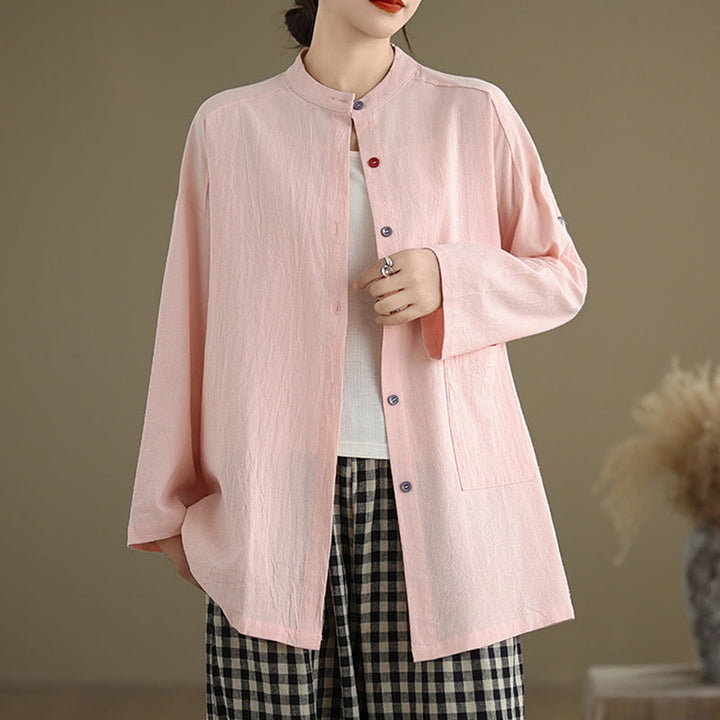 Buddha Stones Commute Pure Color Long Sleeve Women's Cotton Linen Shirt With Pocket - MistyRose - US14，UK/AU18，EU46 (2XL) - image 16