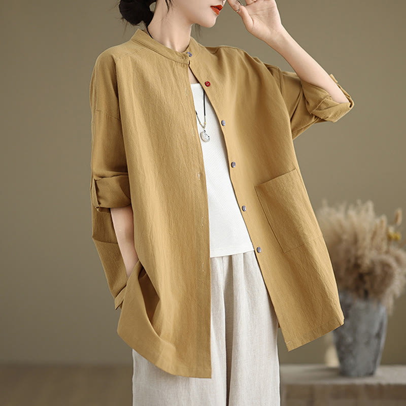 Buddha Stones Commute Pure Color Long Sleeve Women's Cotton Linen Shirt With Pocket - Goldenrod - US14，UK/AU18，EU46 (2XL) - image 0