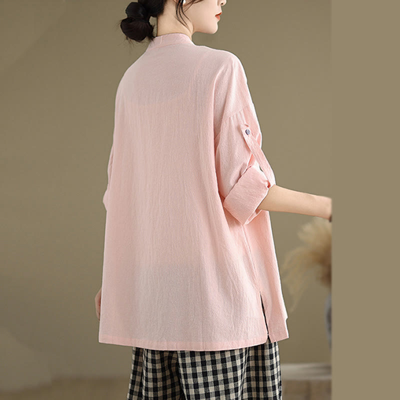 Buddha Stones Commute Pure Color Long Sleeve Women's Cotton Linen Shirt With Pocket - image 20