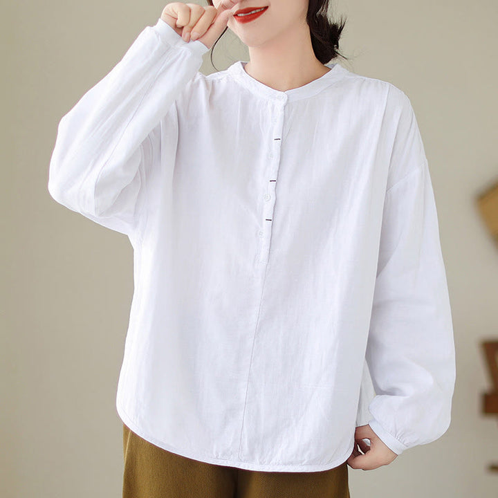 Buddha Stones Commute Spring Plain Half Buttons Simple Design Women's Cotton Linen Long Sleeve Shirt - White - US12，UK/AU16，EU44 (2XL) - image 7