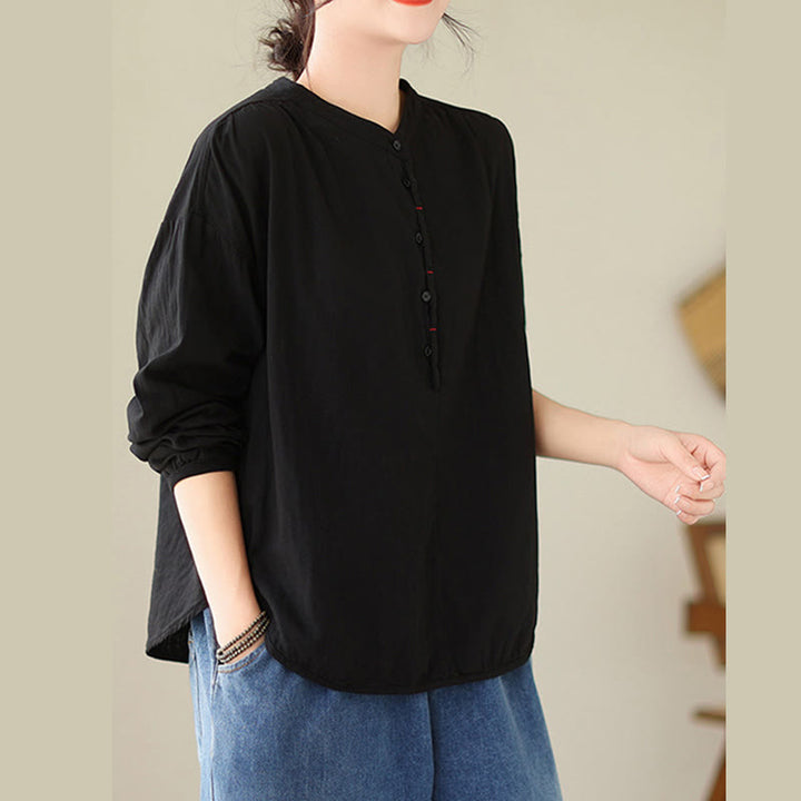Buddha Stones Commute Spring Plain Half Buttons Simple Design Women's Cotton Linen Long Sleeve Shirt - image 4