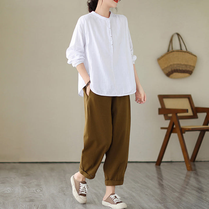 Buddha Stones Commute Spring Plain Half Buttons Simple Design Women's Cotton Linen Long Sleeve Shirt - image 10