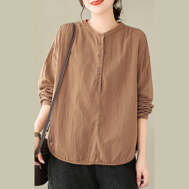 Buddha Stones Commute Spring Plain Half Buttons Simple Design Women's Cotton Linen Long Sleeve Shirt - image 13