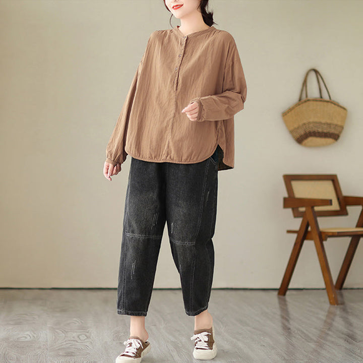 Buddha Stones Commute Spring Plain Half Buttons Simple Design Women's Cotton Linen Long Sleeve Shirt - image 16