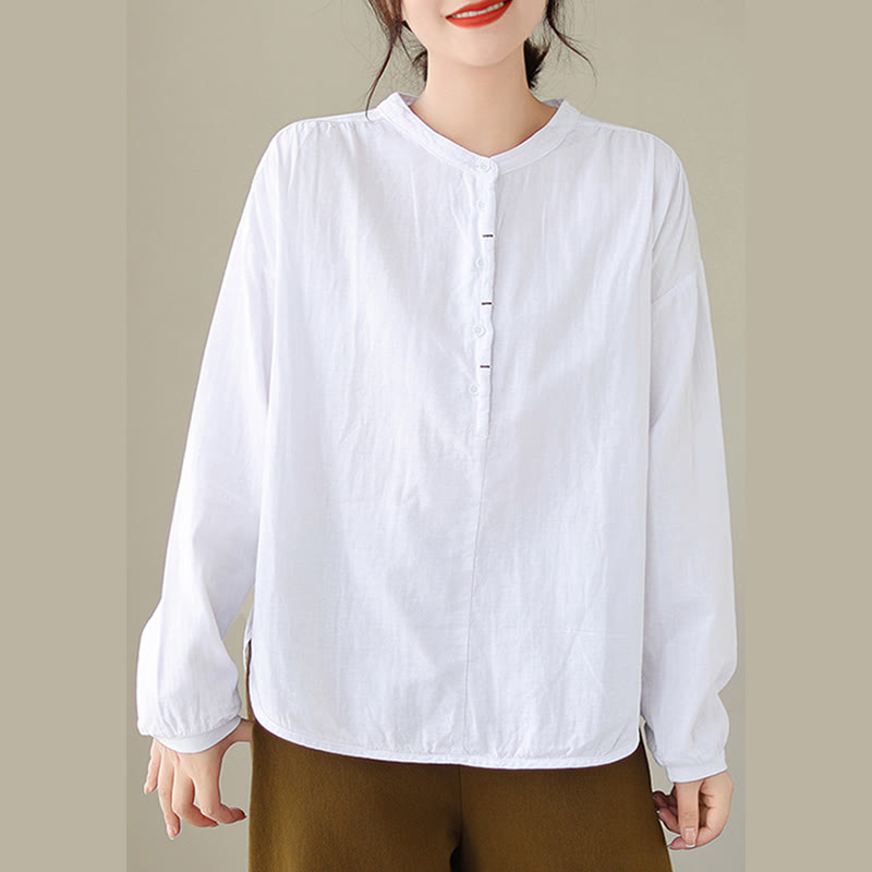 Buddha Stones Commute Spring Plain Half Buttons Simple Design Women's Cotton Linen Long Sleeve Shirt - image 8