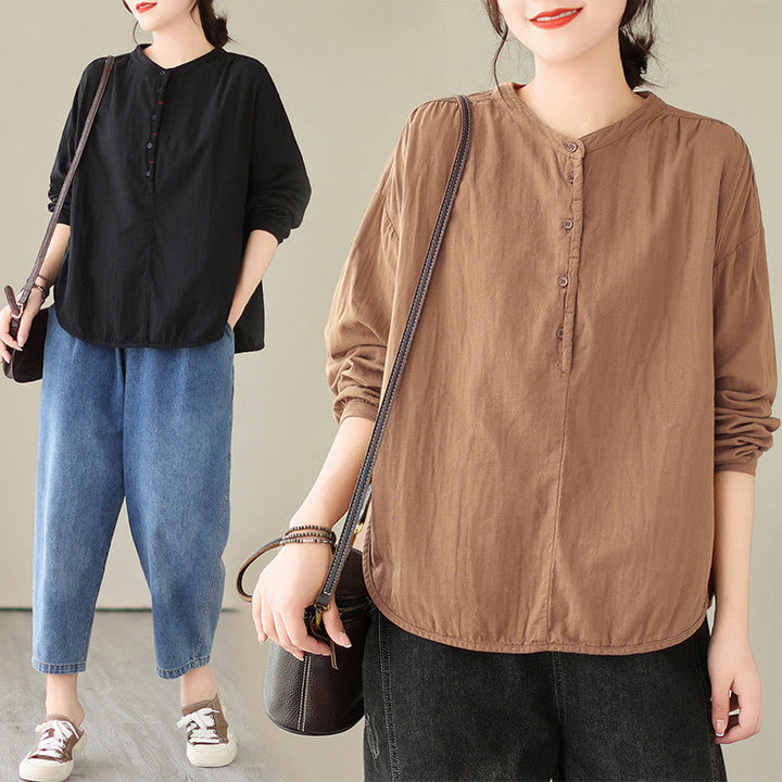 Buddha Stones Commute Spring Plain Half Buttons Simple Design Women's Cotton Linen Long Sleeve Shirt - image 21