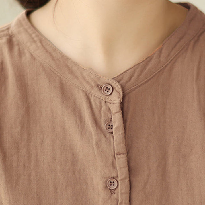 Buddha Stones Commute Spring Plain Half Buttons Simple Design Women's Cotton Linen Long Sleeve Shirt - image 17