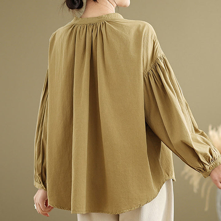 Buddha Stones Commute Half Buttons Accordion Pleats Design Women's Cotton Linen Long Sleeve Shirt - image 3