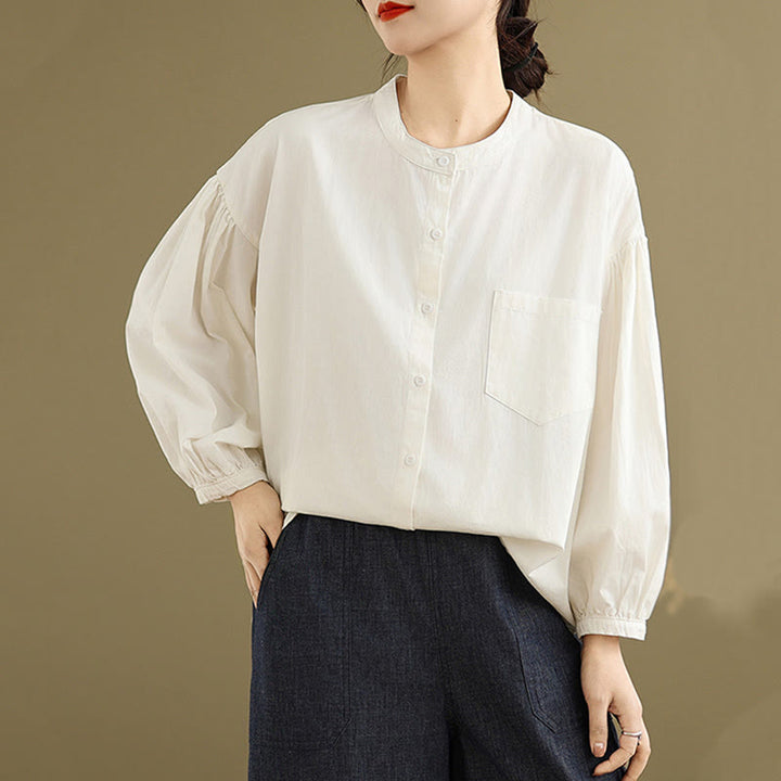 Buddha Stones Commute Half Buttons Accordion Pleats Design Women's Cotton Linen Long Sleeve Shirt - image 20