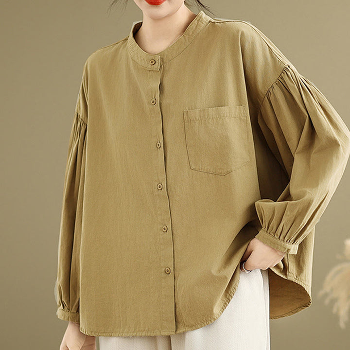 Buddha Stones Commute Half Buttons Accordion Pleats Design Women's Cotton Linen Long Sleeve Shirt - image 1