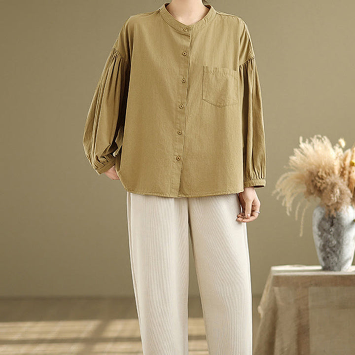 Buddha Stones Commute Half Buttons Accordion Pleats Design Women's Cotton Linen Long Sleeve Shirt - image 6