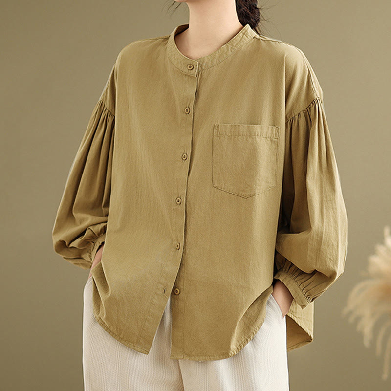 Buddha Stones Commute Half Buttons Accordion Pleats Design Women's Cotton Linen Long Sleeve Shirt - DarkGoldenrod - US8-10，UK/AU12-14，EU40-42 (2XL) - image 0