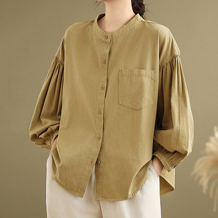 Buddha Stones Commute Half Buttons Accordion Pleats Design Women's Cotton Linen Long Sleeve Shirt - DarkGoldenrod - US8-10，UK/AU12-14，EU40-42 (2XL) - image 0