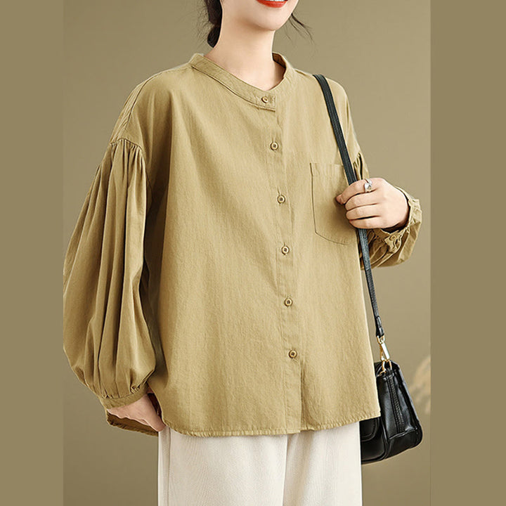 Buddha Stones Commute Half Buttons Accordion Pleats Design Women's Cotton Linen Long Sleeve Shirt - image 4
