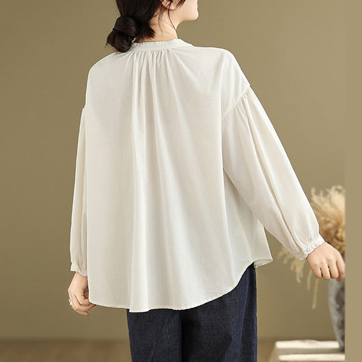 Buddha Stones Commute Half Buttons Accordion Pleats Design Women's Cotton Linen Long Sleeve Shirt - image 19