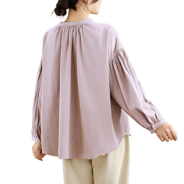 Buddha Stones Commute Half Buttons Accordion Pleats Design Women's Cotton Linen Long Sleeve Shirt - image 16