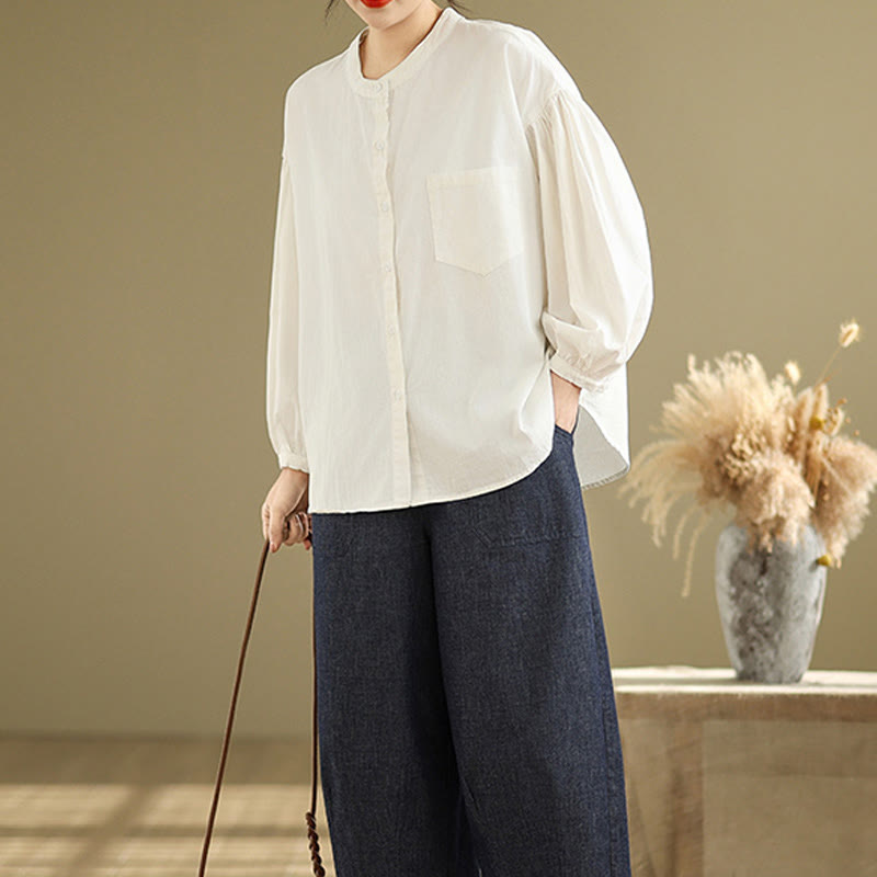 Buddha Stones Commute Half Buttons Accordion Pleats Design Women's Cotton Linen Long Sleeve Shirt - image 23