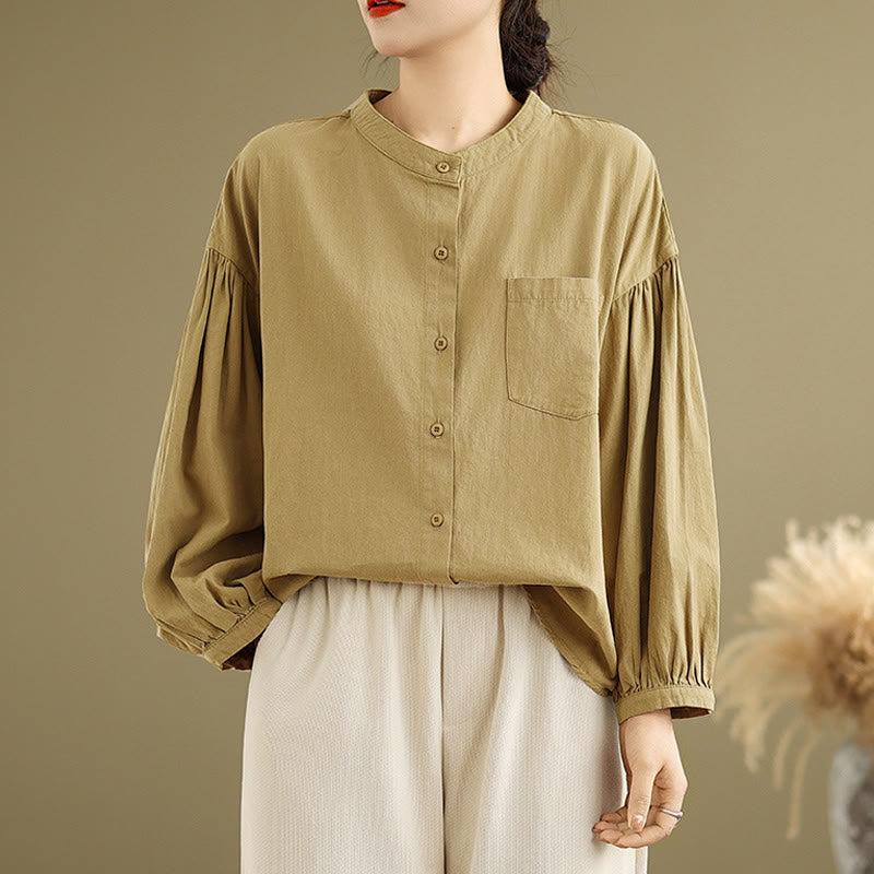 Buddha Stones Commute Half Buttons Accordion Pleats Design Women's Cotton Linen Long Sleeve Shirt - image 5