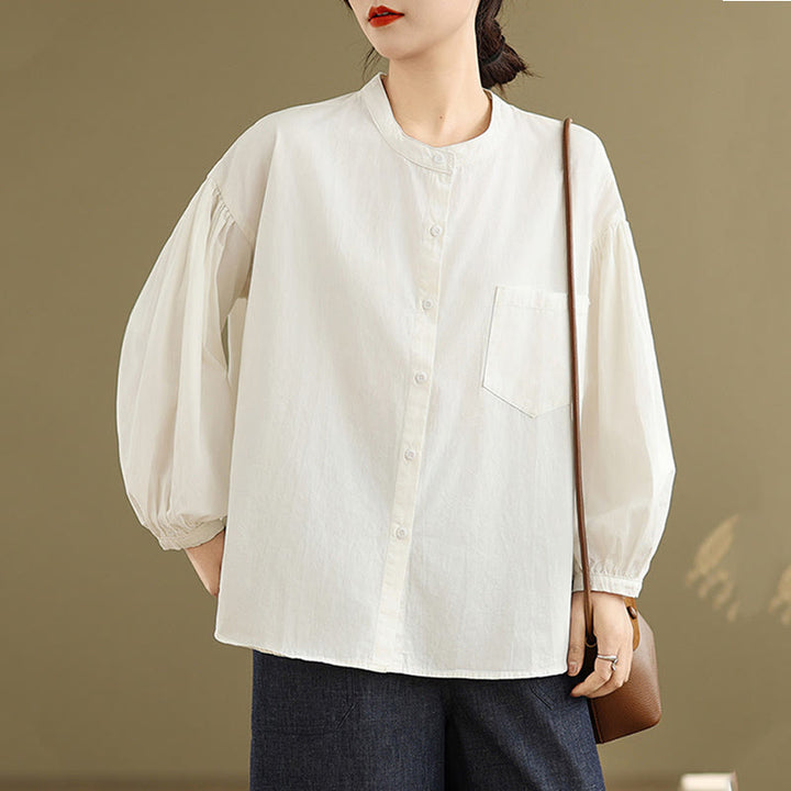 Buddha Stones Commute Half Buttons Accordion Pleats Design Women's Cotton Linen Long Sleeve Shirt - image 18