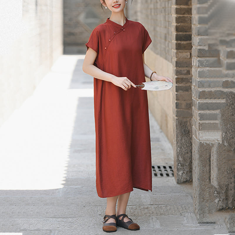 Buddha Stones Plain Cheongsam Lace-Up Design Cotton Linen Short Sleeve Midi Dress - image 5