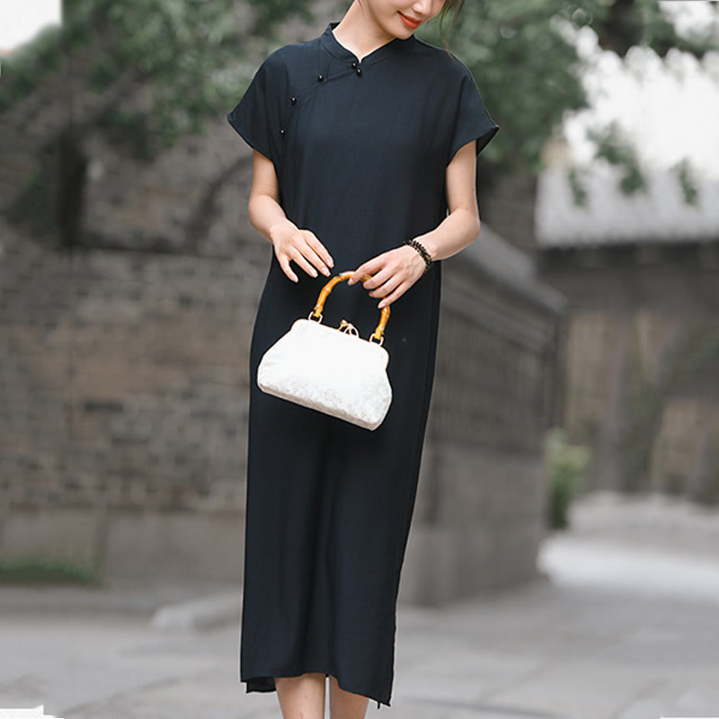 Buddha Stones Plain Cheongsam Lace-Up Design Cotton Linen Short Sleeve Midi Dress - image 15