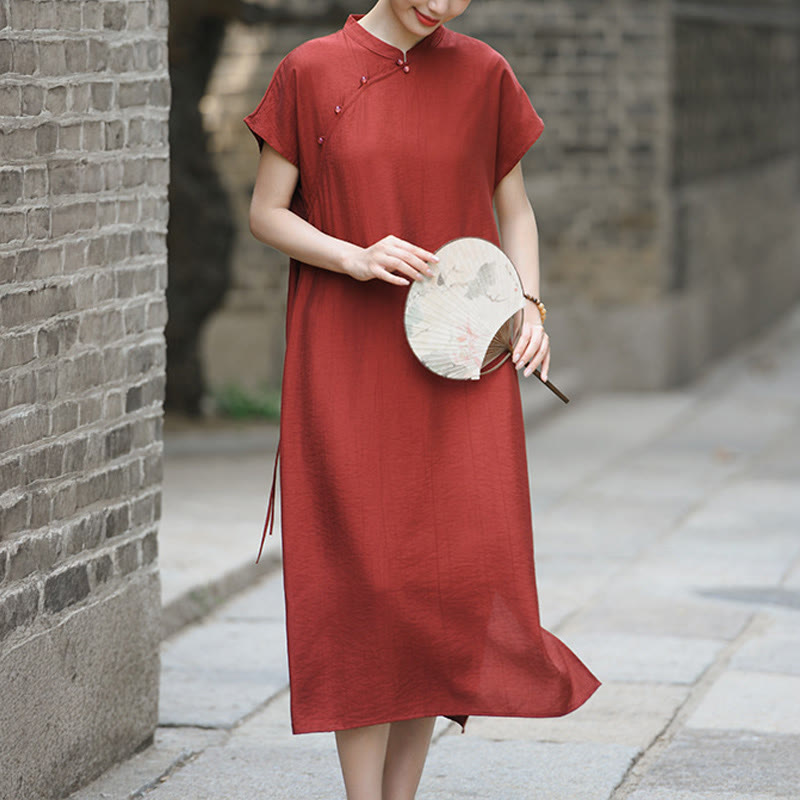 Buddha Stones Plain Cheongsam Lace-Up Design Cotton Linen Short Sleeve Midi Dress - FireBrick - US8-10，UK/AU12-14，EU40-42 (2XL) - image 0