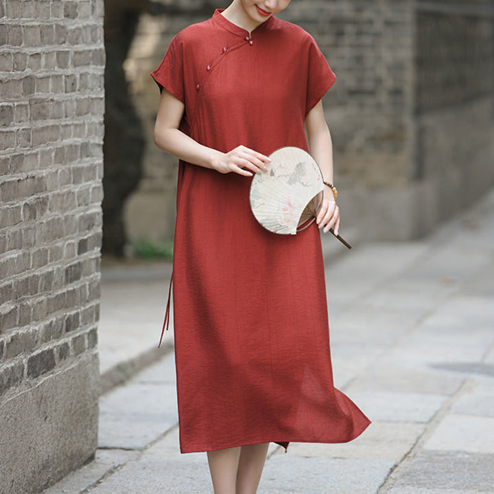 Buddha Stones Plain Cheongsam Lace-Up Design Cotton Linen Short Sleeve Midi Dress - FireBrick - US8-10，UK/AU12-14，EU40-42 (2XL) - image 0
