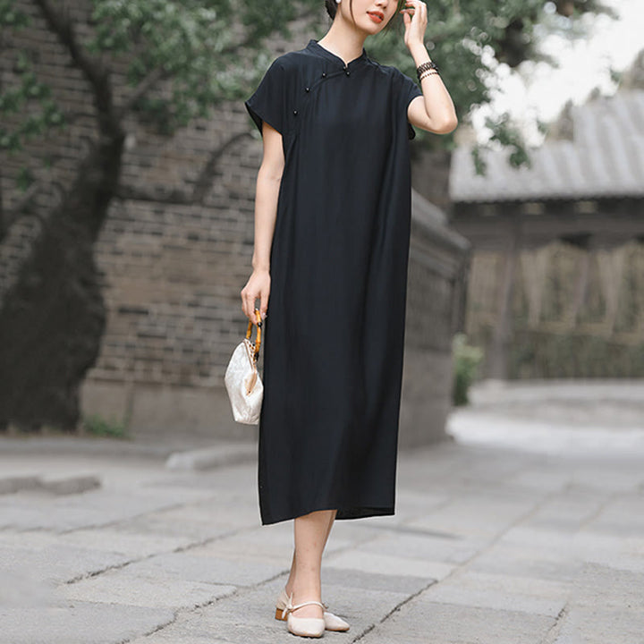 Buddha Stones Plain Cheongsam Lace-Up Design Cotton Linen Short Sleeve Midi Dress - image 16