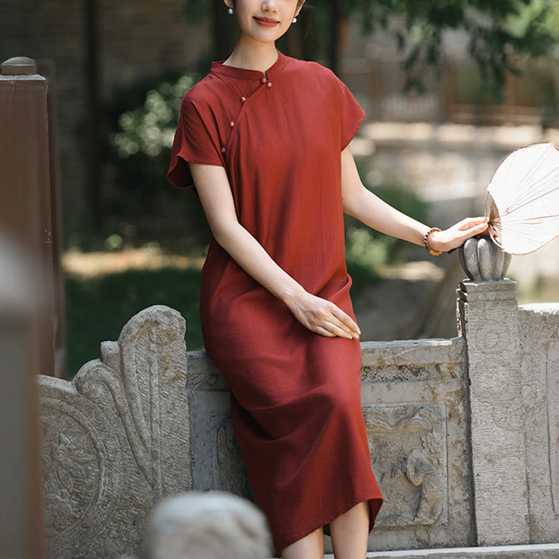 Buddha Stones Plain Cheongsam Lace-Up Design Cotton Linen Short Sleeve Midi Dress - image 9