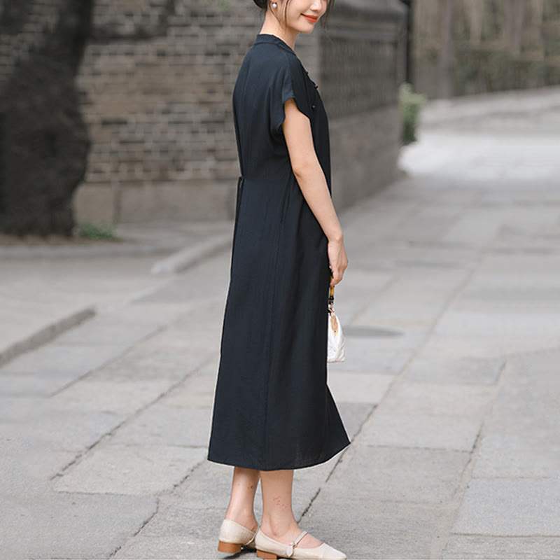 Buddha Stones Plain Cheongsam Lace-Up Design Cotton Linen Short Sleeve Midi Dress - image 17