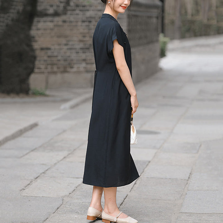 Buddha Stones Plain Cheongsam Lace-Up Design Cotton Linen Short Sleeve Midi Dress - image 17