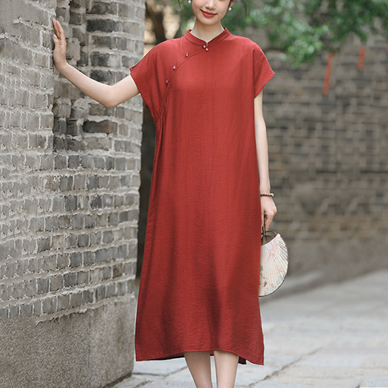 Buddha Stones Plain Cheongsam Lace-Up Design Cotton Linen Short Sleeve Midi Dress - image 6