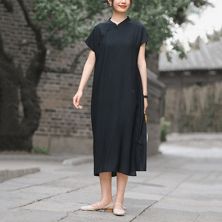 Buddha Stones Plain Cheongsam Lace-Up Design Cotton Linen Short Sleeve Midi Dress - image 18