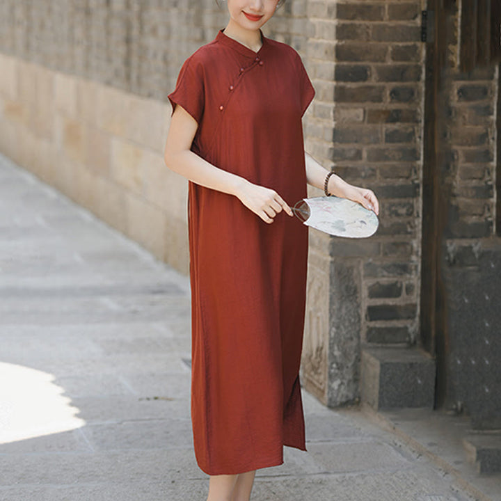 Buddha Stones Plain Cheongsam Lace-Up Design Cotton Linen Short Sleeve Midi Dress - image 3