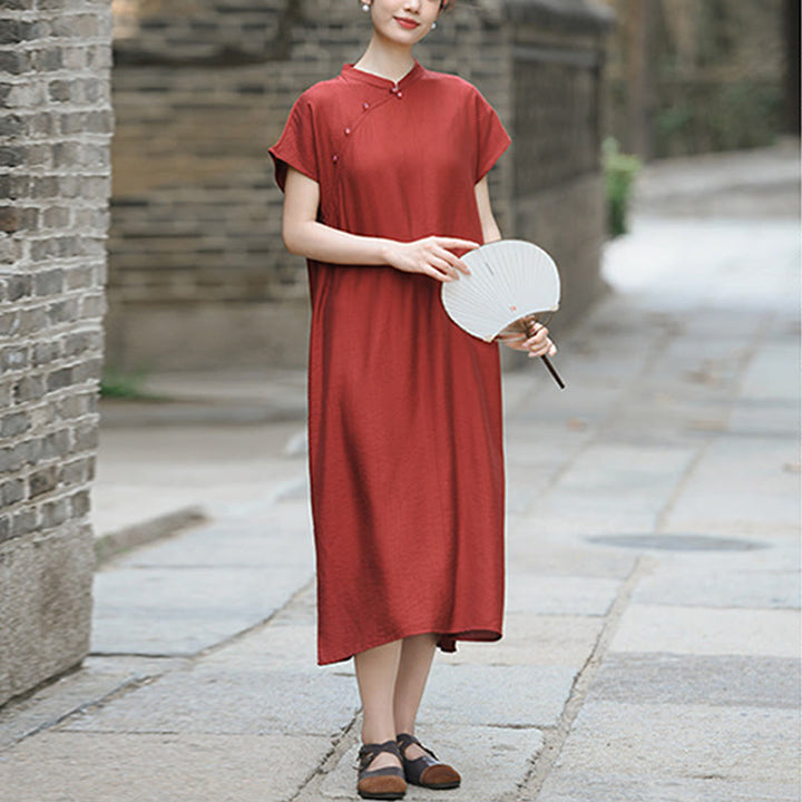 Buddha Stones Plain Cheongsam Lace-Up Design Cotton Linen Short Sleeve Midi Dress - image 4