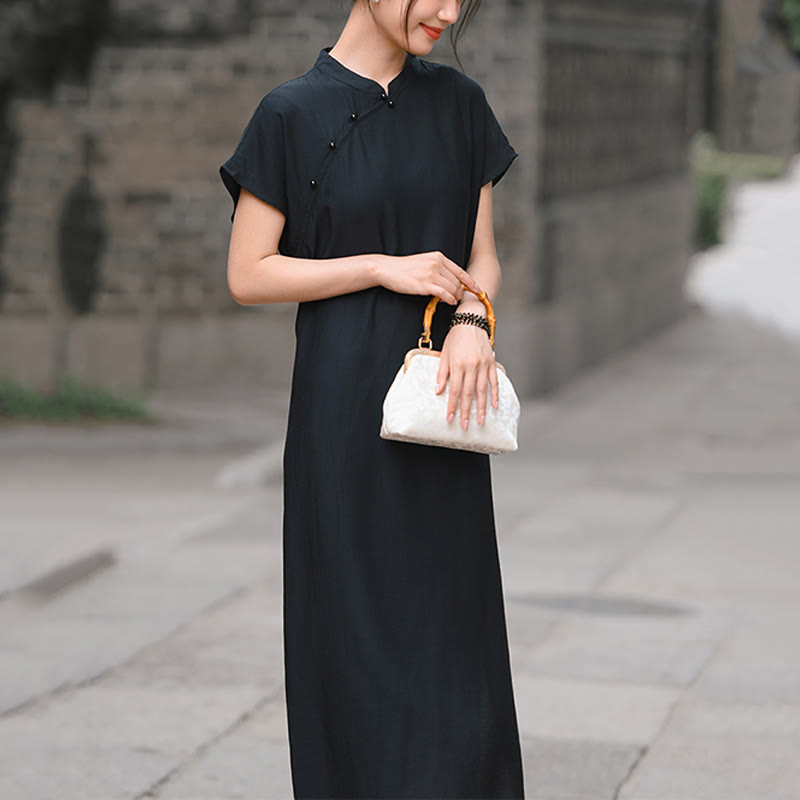 Buddha Stones Plain Cheongsam Lace-Up Design Cotton Linen Short Sleeve Midi Dress - image 21