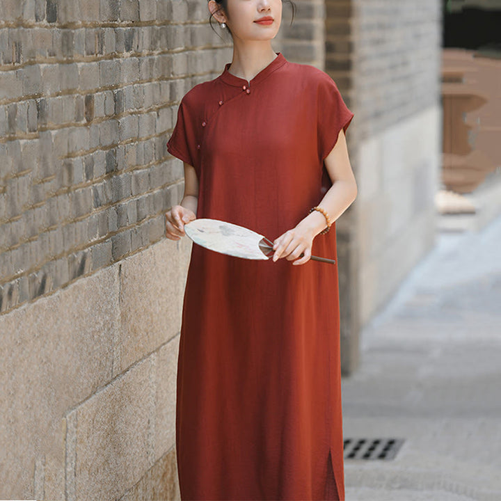 Buddha Stones Plain Cheongsam Lace-Up Design Cotton Linen Short Sleeve Midi Dress - image 8