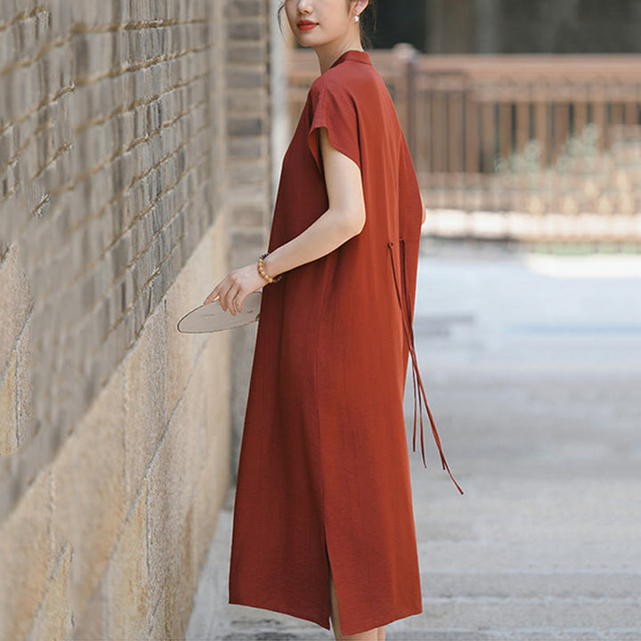 Buddha Stones Plain Cheongsam Lace-Up Design Cotton Linen Short Sleeve Midi Dress - image 7