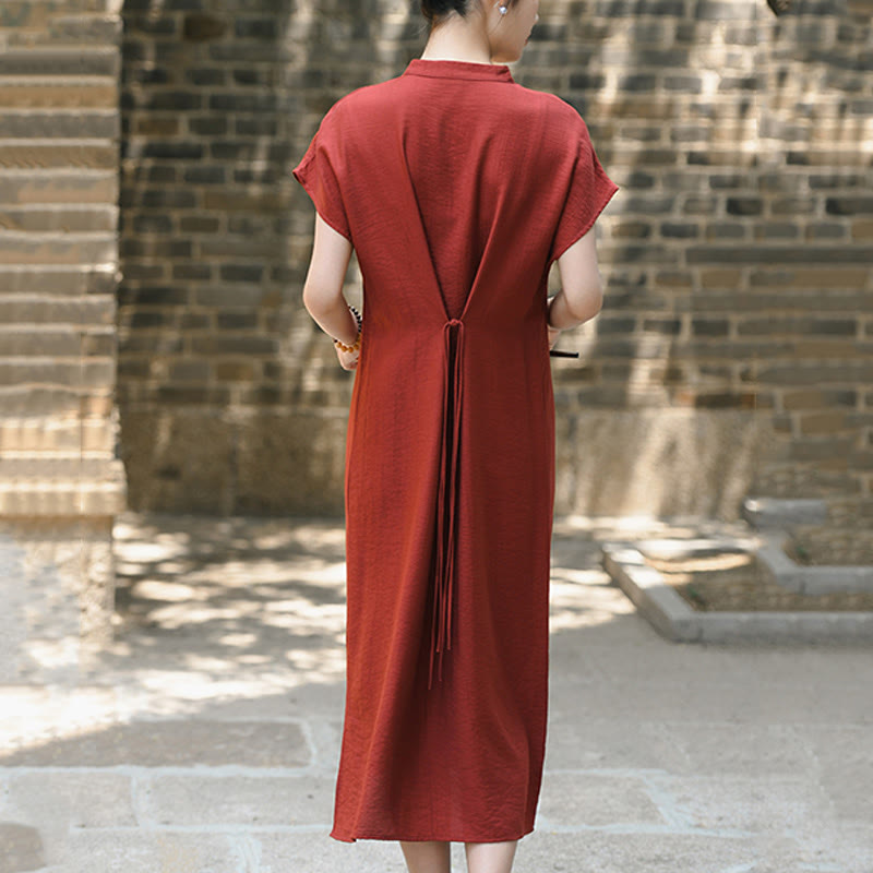 Buddha Stones Plain Cheongsam Lace-Up Design Cotton Linen Short Sleeve Midi Dress - image 2
