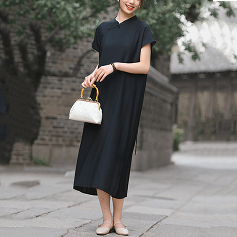 Buddha Stones Plain Cheongsam Lace-Up Design Cotton Linen Short Sleeve Midi Dress - image 20