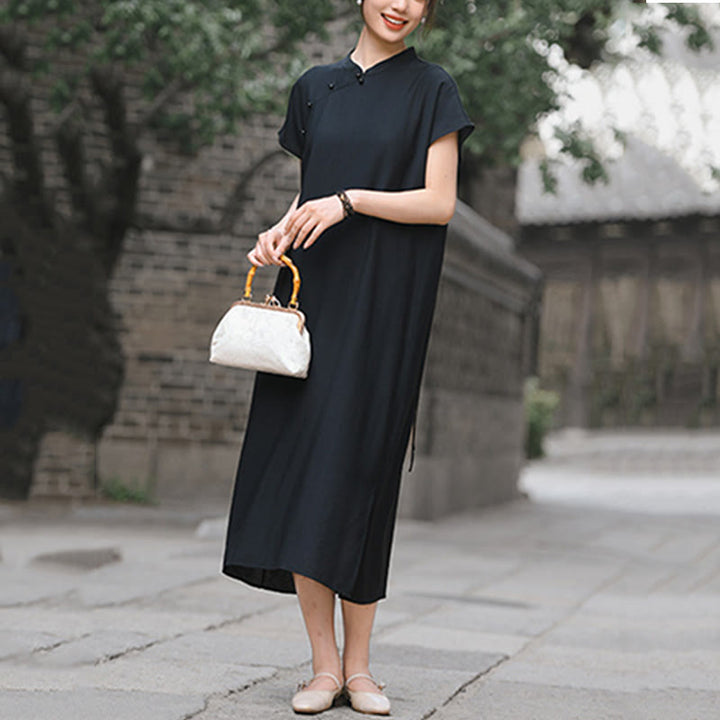 Buddha Stones Plain Cheongsam Lace-Up Design Cotton Linen Short Sleeve Midi Dress - image 20