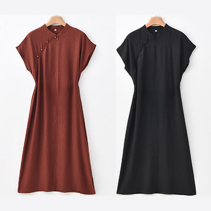 Buddha Stones Plain Cheongsam Lace-Up Design Cotton Linen Short Sleeve Midi Dress - image 22