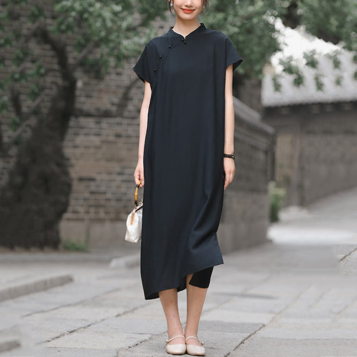Buddha Stones Plain Cheongsam Lace-Up Design Cotton Linen Short Sleeve Midi Dress - image 19