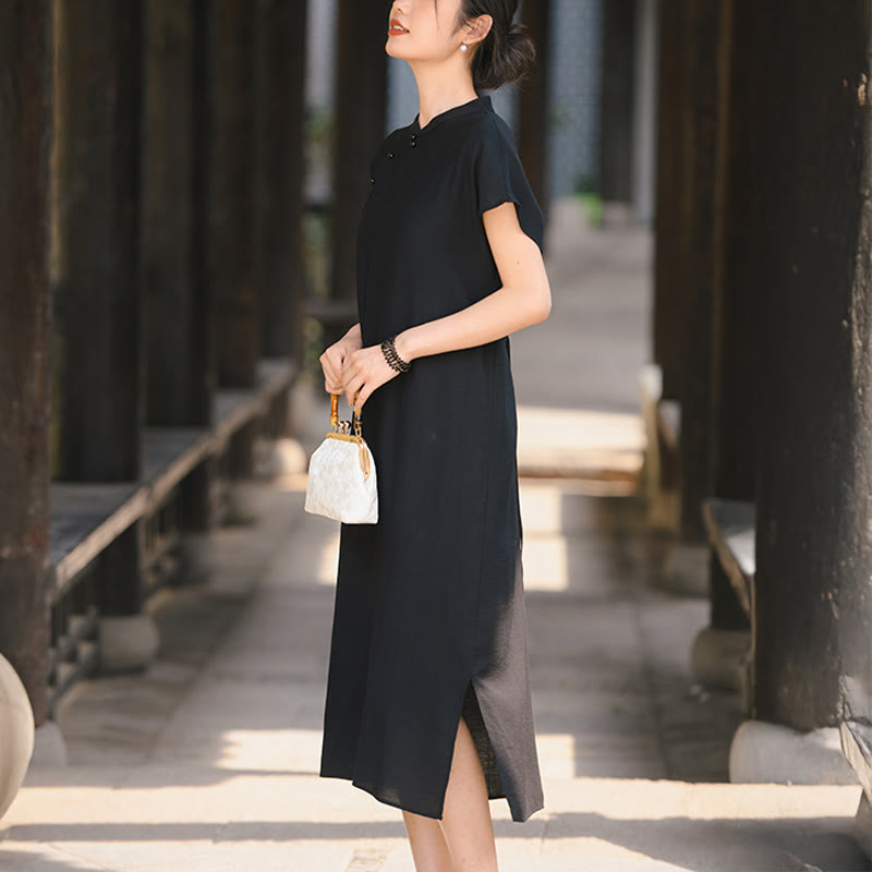 Buddha Stones Plain Cheongsam Lace-Up Design Cotton Linen Short Sleeve Midi Dress - Black - US8-10，UK/AU12-14，EU40-42 (2XL) - image 13