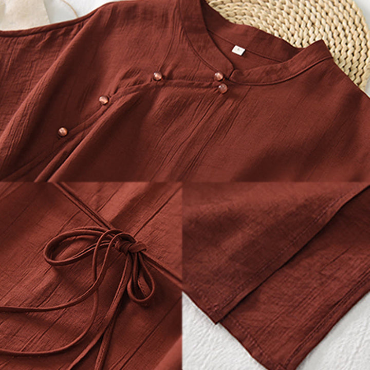 Buddha Stones Plain Cheongsam Lace-Up Design Cotton Linen Short Sleeve Midi Dress - image 12