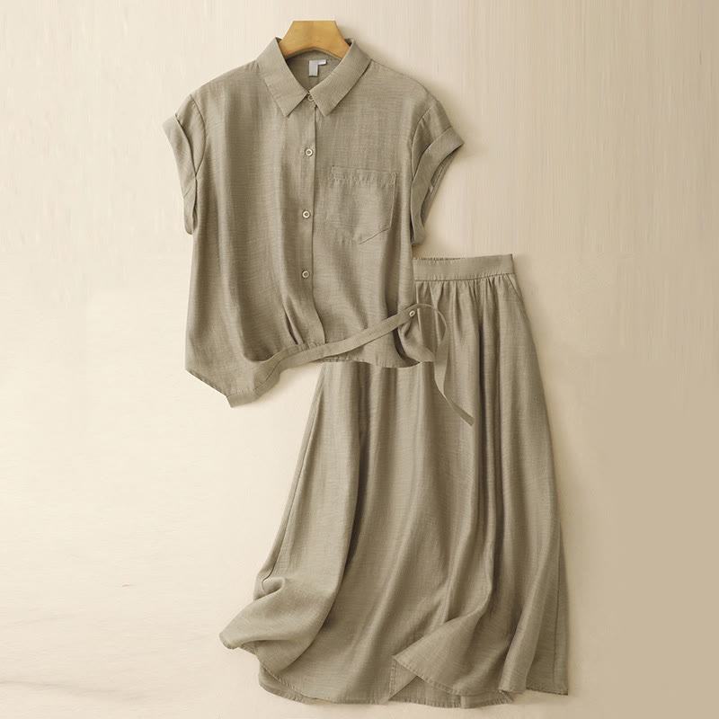 Buddha Stones 2Pcs Short Sleeve Shirt 7-8 Length Skirt With Pockets Cotton Linen Women's Set - DarkKhaki - US8-10，UK/AU12-14，EU40-42 (2XL) - image 0
