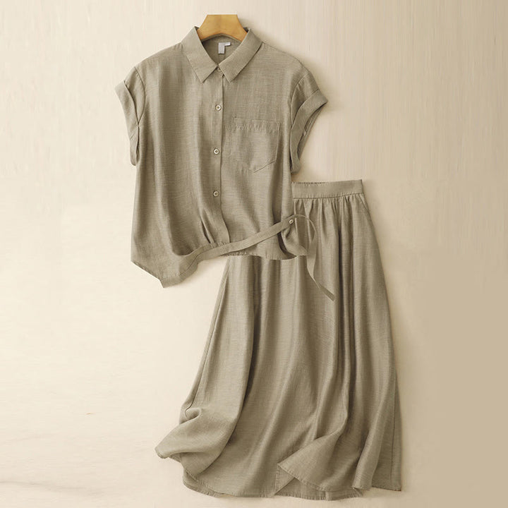 Buddha Stones 2Pcs Short Sleeve Shirt 7-8 Length Skirt With Pockets Cotton Linen Women's Set - DarkKhaki - US8-10，UK/AU12-14，EU40-42 (2XL) - image 0