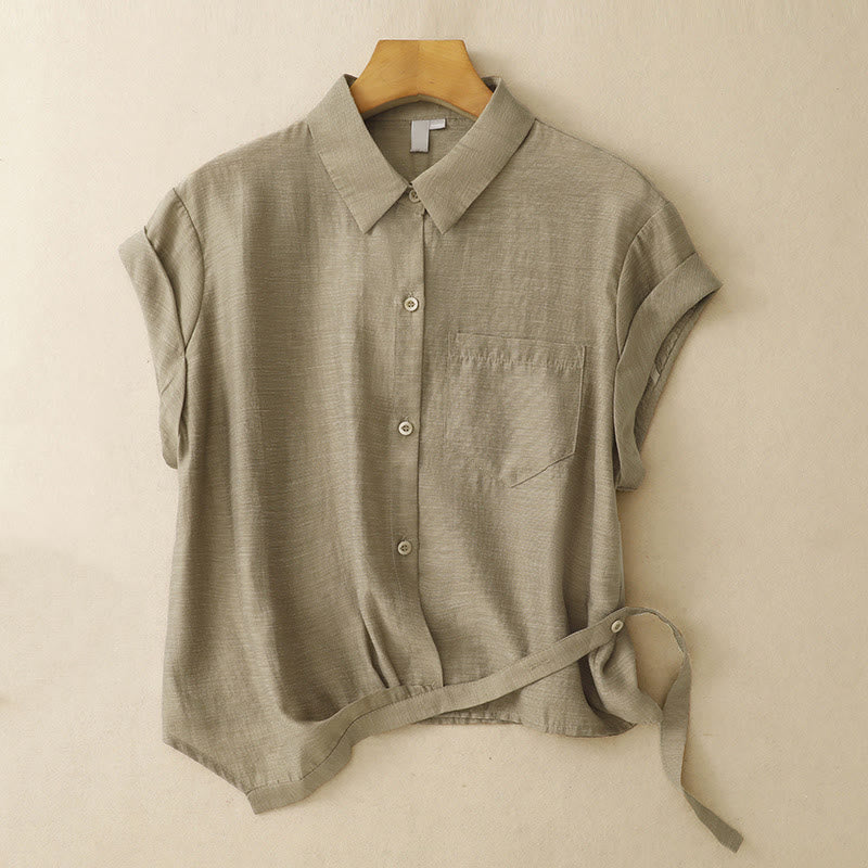 Buddha Stones 2Pcs Short Sleeve Shirt 7-8 Length Skirt With Pockets Cotton Linen Women's Set - image 2