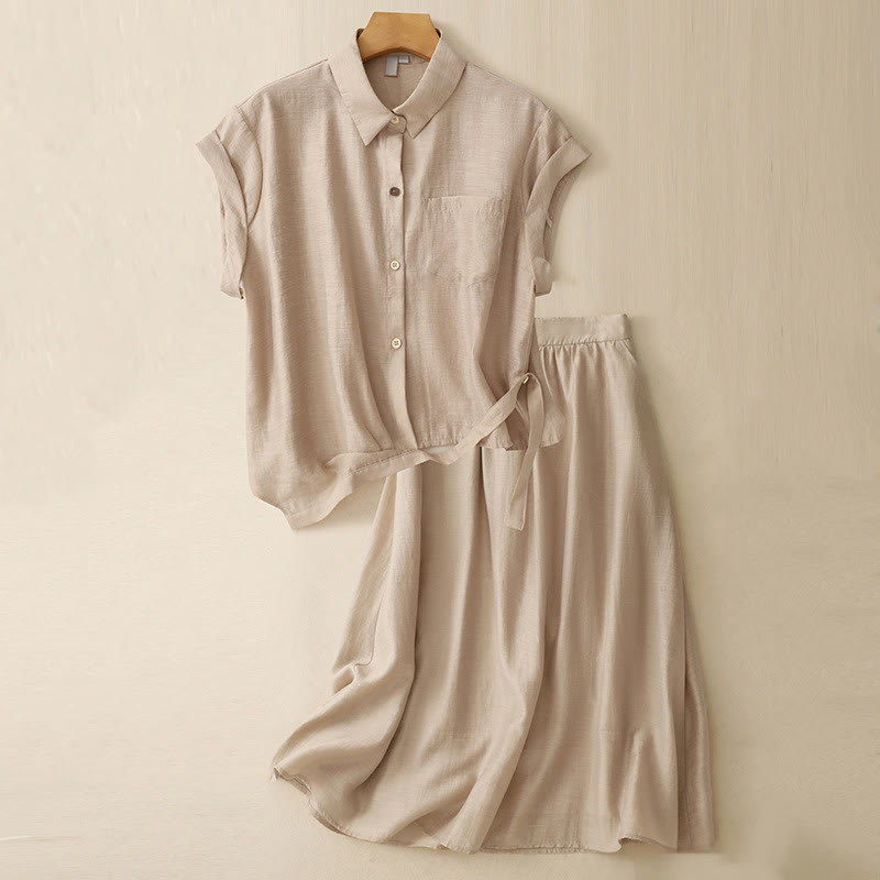 Buddha Stones 2Pcs Short Sleeve Shirt 7-8 Length Skirt With Pockets Cotton Linen Women's Set - Wheat - US8-10，UK/AU12-14，EU40-42 (2XL) - image 14